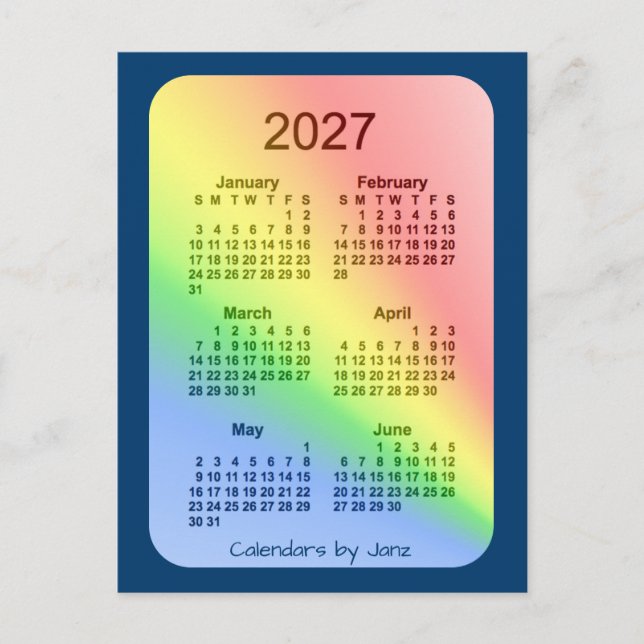 Cartão Postal Mini calendário do Rainbow Blue 6 meses 2027 por J (Frente)