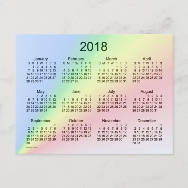 Cartão Postal Mini calendário Rainbow 2018 por Janz (Frente)