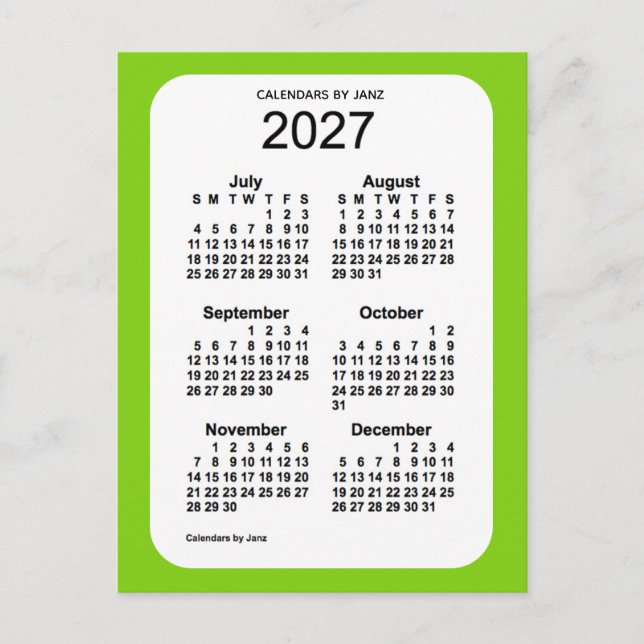 Cartão Postal Mini calendário verde amarelo 2027 de 6 meses por  (Frente)