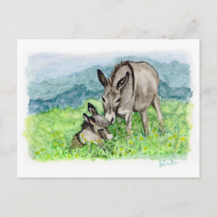 Cartão Postal Miniatura Donkey Mamãe e Baby Watercolor Art