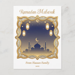 Cartão Postal Minimal Blue & Gold Mosque Ramadan Mubarak 