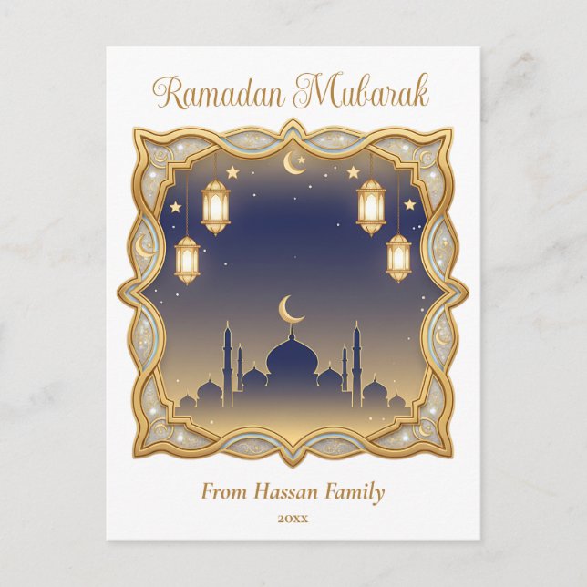 Cartão Postal Minimal Blue & Gold Mosque Ramadan Mubarak  (Frente)