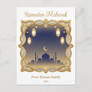 Cartão Postal Minimal Mesquita Azul e Dourada Ramadan Mubarak