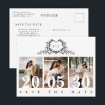 Cartão Postal Minimalist Calligraphy monogram Save the Date<br><div class="desc">This elegant save the date postcard features refined calligraphy and modern typography in a clean, minimalist layout. The delicate botanical crest monogram adds a timeless romantic touch while maintaining a chic and sophisticated style. Designed with multiple photo sections, this postcard beautifully showcases your favorite moments while announcing your special day....</div>