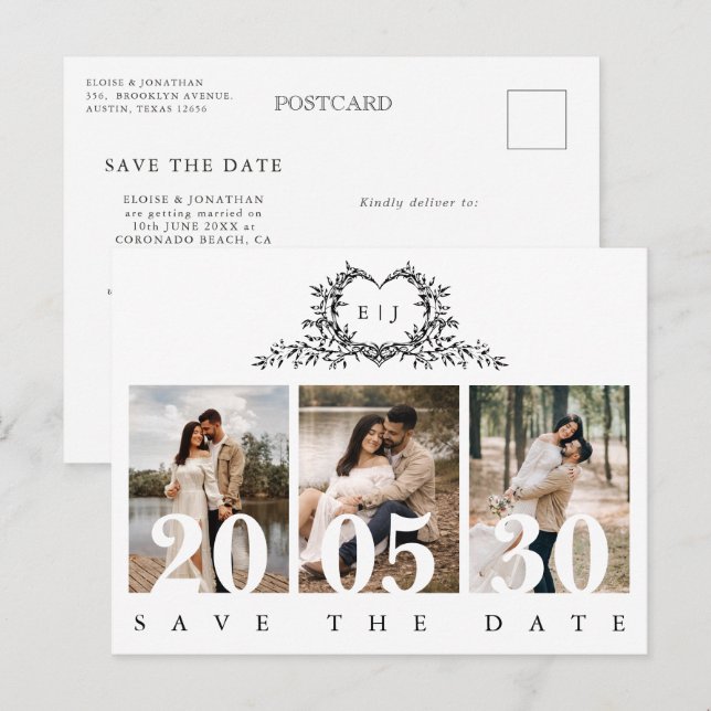 Cartão Postal Minimalist Calligraphy monogram Save the Date (Frente/Verso)
