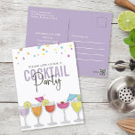 Cartão Postal Minimalist Simple Cocktail Party Modern Invitation<br><div class="desc">Cocktail time. Invite your friends and relatives over for cocktails with this cute whimsical Invitation postcard. With whimsical wine glasses, umbrellas, lemons, and limes. Great for Birthdays, Anniversaries, Office Parties, or any event. Available in the purple, blue, orange, and pink color scheme. This design features simple cocktail party modern minimalist,...</div>