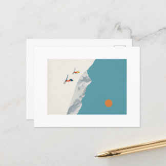 Cartão Postal Minimalist Ski Art Print – Retro Alpine Skiers in