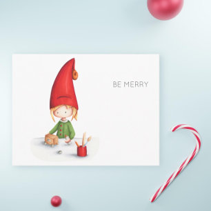 Cartão Postal Minimalista Feliz Elfo Fazendo Brinquedos Natal