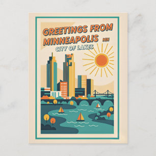 Cartão Postal Minneapolis MN Cidade dos Lagos Retro