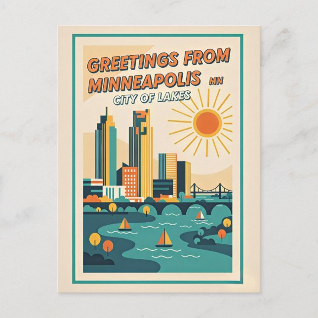 Cartão Postal Minneapolis MN Cidade dos Lagos Retro (Frente)