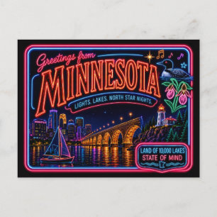 Cartão Postal Minnesota Neon Estado Retro Vintage