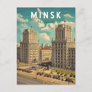 Cartão Postal Minsk Belarus Illustra Viagem Art Vintage