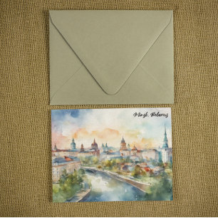 Cartão Postal Minsk Colorido Belarus Pintura em Aquarela Cidade