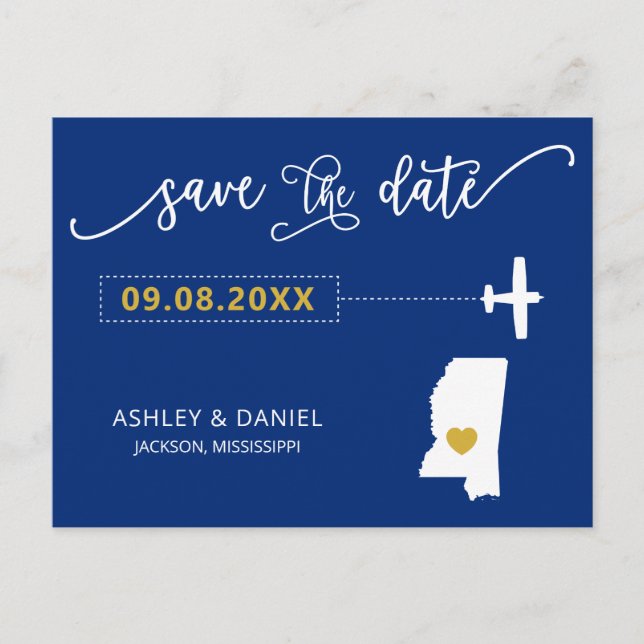 Cartão Postal Mississippi Wedding Save the Date Map Postcard (Frente)