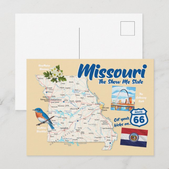 Cartão Postal Missouri A Rota 66 do Mapa de Estado do Show Me (Frente/Verso)