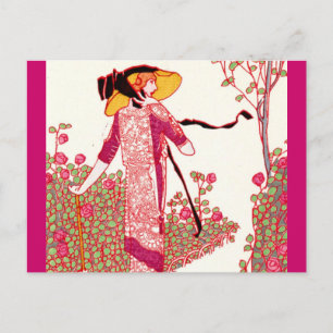 Cartão Postal Moda de arte deco em um jardim Rosa