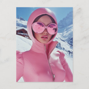 Cartão Postal Moda de Esqui Rosa Futurística - Glama de Inverno