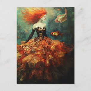 Cartão Postal Moda e Dama de Cabelos Vermelhos de Peixes Dourado