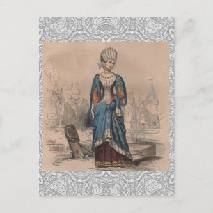 Cartão Postal Moda francesa medieval traje nobre senhora renda