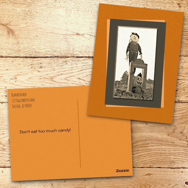 Cartão Postal Modelo Fotografar Pos do Espantalho Sepia (Front and back template Halloween postcard)