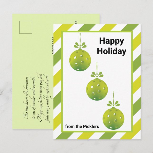 Cartão Postal Modern 3 Picklebolas Baubles, texto personalizado (Frente/Verso)