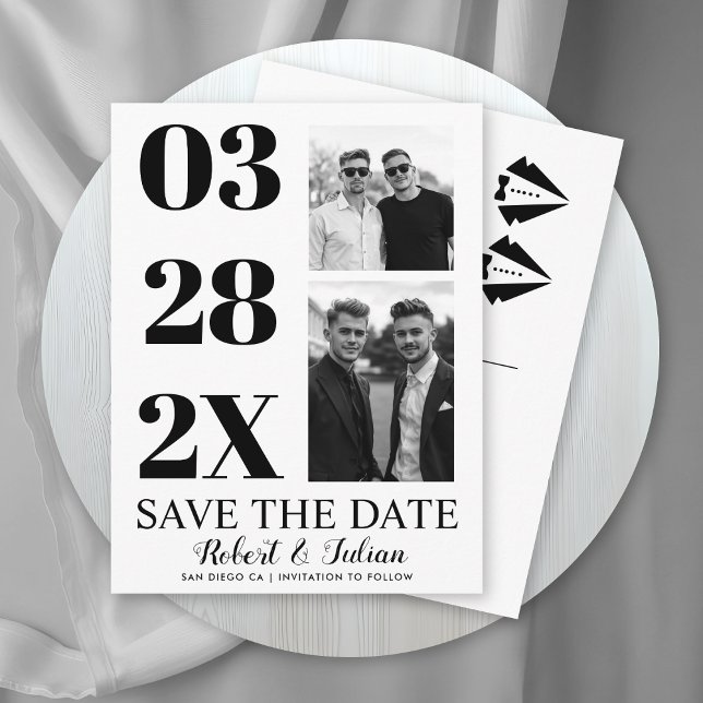 Cartão Postal Modern black and white two photo gay Save the Date (Criador carregado)