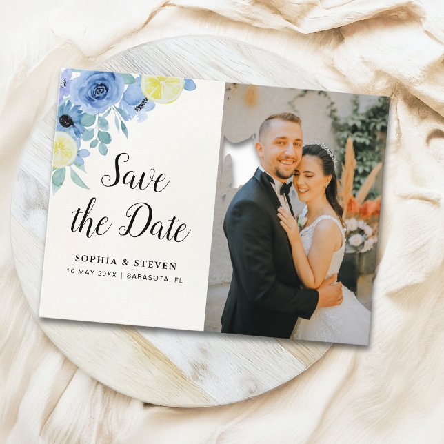 Cartão Postal Modern Blue Mediterranean Lemon Wedding (Criador carregado)