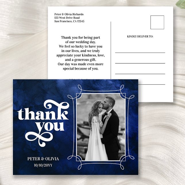 Cartão Postal Modern Blue Wedding Thank You Photo (Criador carregado)