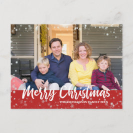 Cartão Postal Modern Christmas Snow Photo Red Postcard