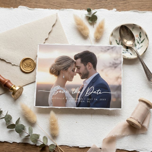 Cartão Postal  Modern contemporary save the date photo wedding (Criador carregado)
