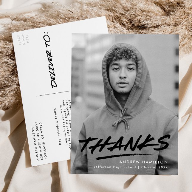 Cartão Postal Modern Dash Black Photo Graduação Obrigado (Criador carregado)
