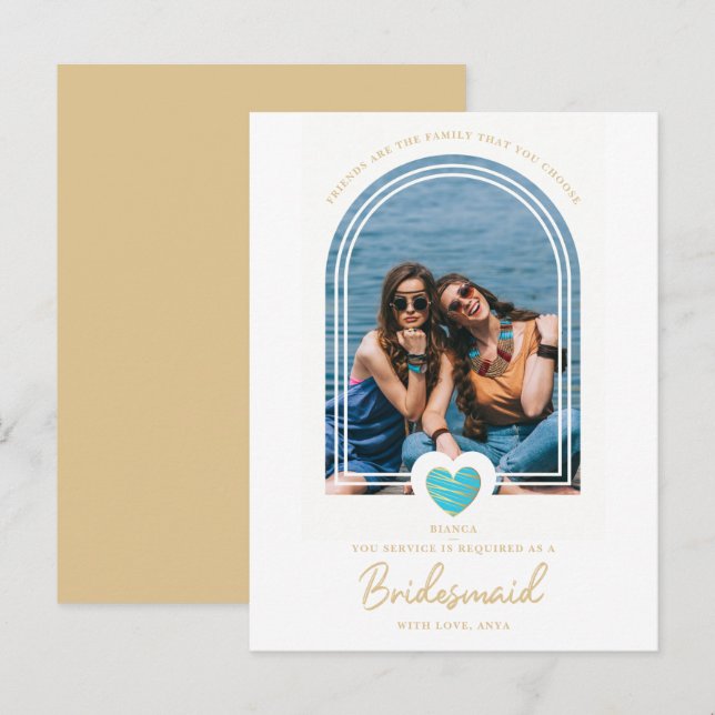 Cartão Postal Modern Fancy Bridesmaid Blue Heart Photo Proposal (Frente/Verso)