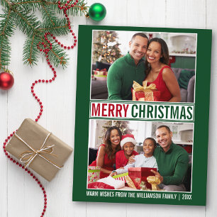 Cartão Postal Modern Felry Christmas Family 2 Photo Green