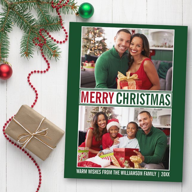 Cartão Postal Modern Felry Christmas Family 2 Photo Green (Customize to change your personalized text size or text style.)