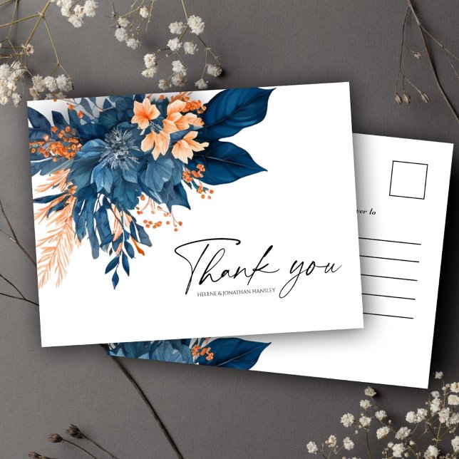 Cartão Postal Modern Floral Indigo Rust Casamento Obrigado (Modern Floral Indigo Rust Wedding Thank You Postcard)