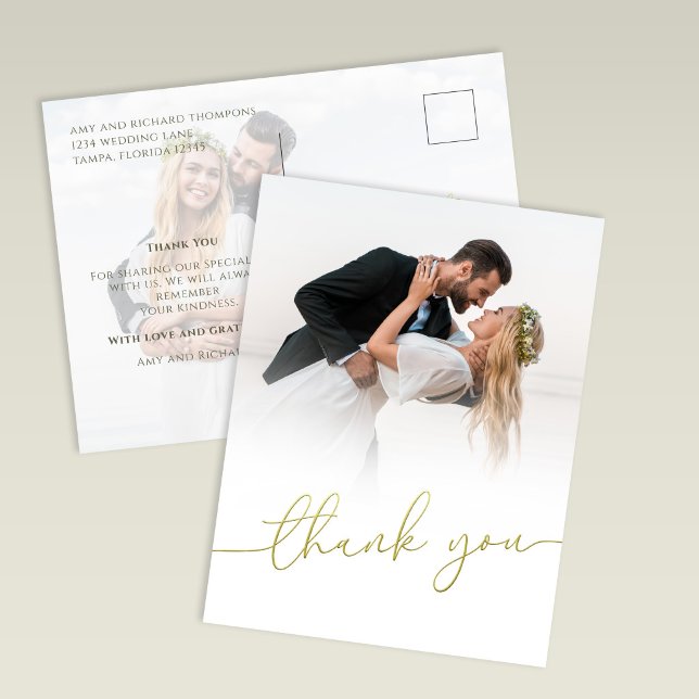 Cartão Postal Modern Gold Script Photo Wedding Thank You Card (Gold script wedding thank you postcard with photo and modern minimalist design)