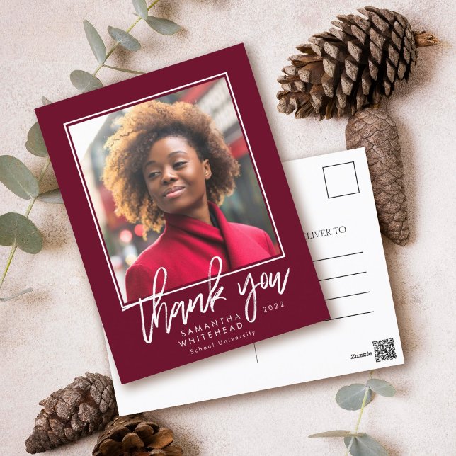 Cartão Postal Modern Graduation 2022 Photo Burgundy Obrigado (Modern postcard chalk style script with photo perfect for a graduate to thank everyone.)