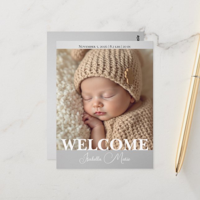 Cartão Postal  Modern Grey and White Photo Birth Announcement (Frente/Verso In Situ)