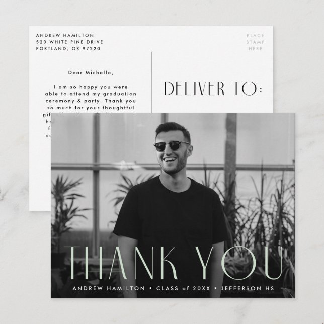 Cartão Postal Modern Mint Photo Graduation Obrigado (Frente/Verso)