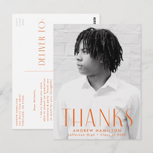 Cartão Postal Modern Orange Photo Graduation (Graduação de Foto  (Frente/Verso)