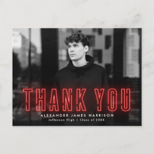 Cartão Postal Modern Red Neon Photo Graduação Obrigado