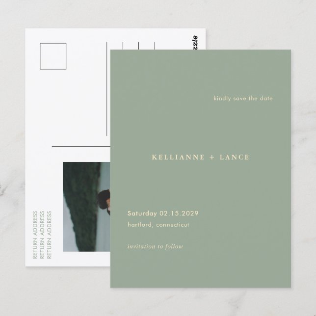 Cartão Postal Modern Sage Green Simple Wedding Save the Date (Frente/Verso)