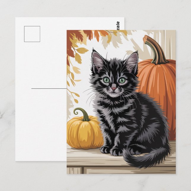 Cartão Postal Modern Trendy Halloween Pumpkins and Black Cat  (Frente/Verso)
