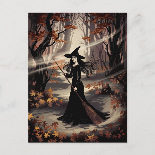 Cartão Postal Modern Trendy Halloween Witch in Forest            (Frente)