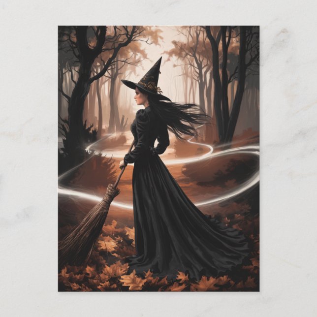 Cartão Postal Modern Trendy Halloween Witch in Forest            (Frente)