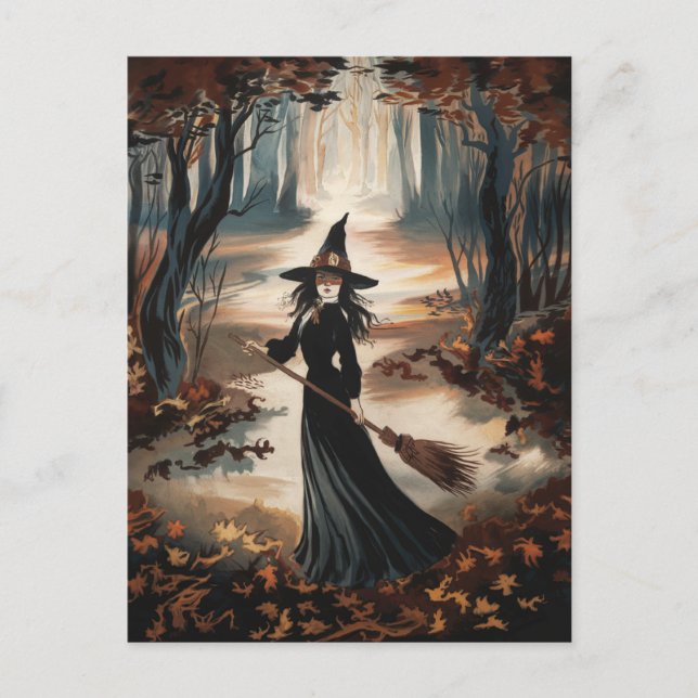 Cartão Postal Modern Trendy Halloween Witch in Forest            (Frente)