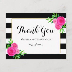 Cartão Postal Modern Watercolor Floral Stripes Casamento Obrigad
