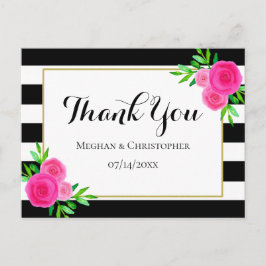 Cartão Postal Modern Watercolor Floral Stripes Casamento Obrigad
