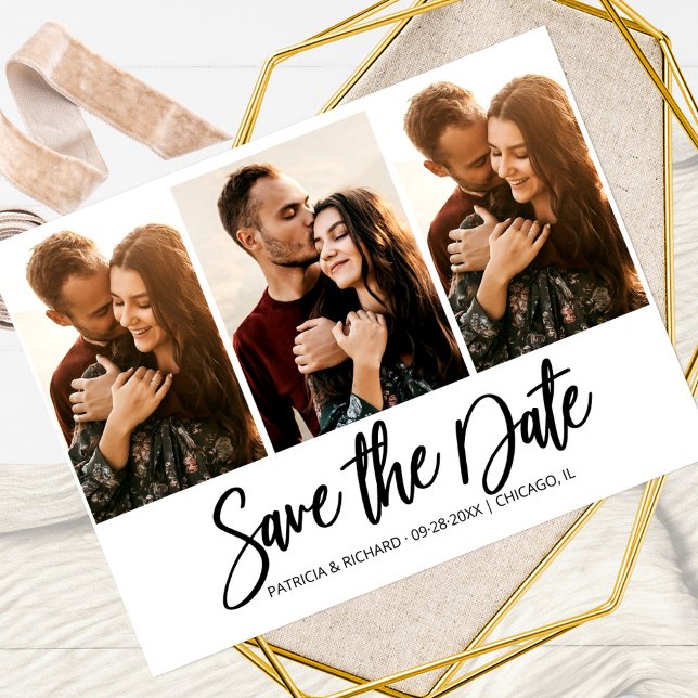 Cartão Postal Modern Wedding Save The Date 3 Photo Collage (Criador carregado)