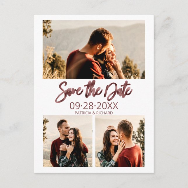 Cartão Postal Modern Wedding Save The Date 3 Photo Collage (Frente)
